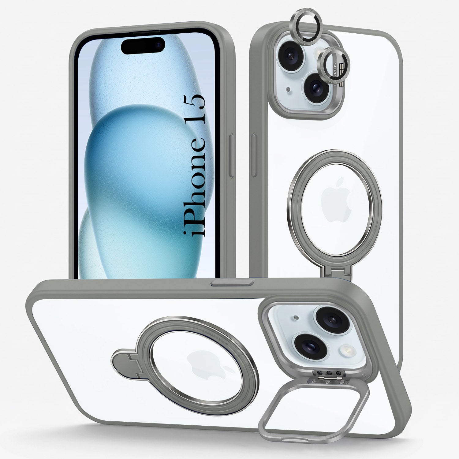 For Apple iPhone 15 Back Cover Case Crystal (Lifetime Anti Yellow | Magnetic Ring Stand | Camera Lens Protection | MagSafe Compatible)