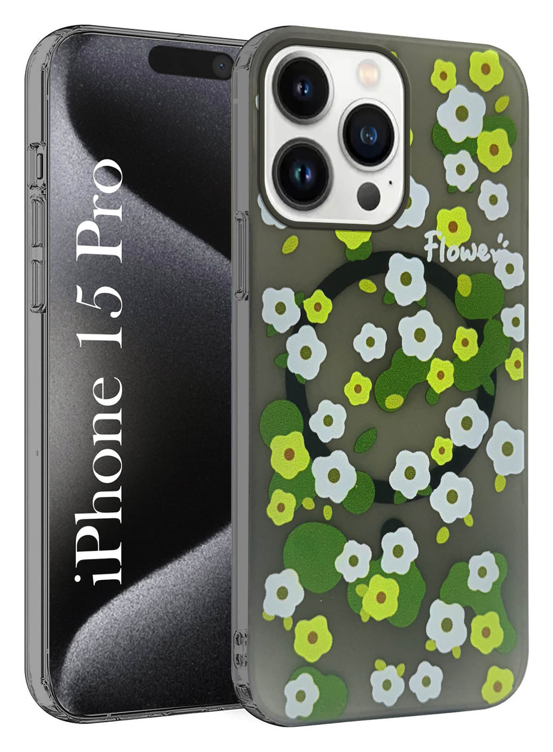 For Apple iPhone 15 Pro Back Cover Case (Cute Floral Design | Flower Print for Girls | MagSafe Compatible Wireless Charging)