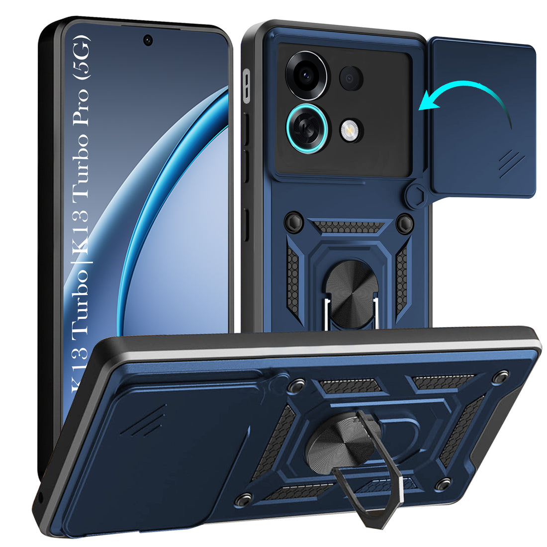 For Oppo K13 Turbo | Oppo K13 Turbo Pro Back Cover Case Hybrid Armor (Sliding Shutter Camera Protection | Polycarbonate |Ring Holder Kickstand)