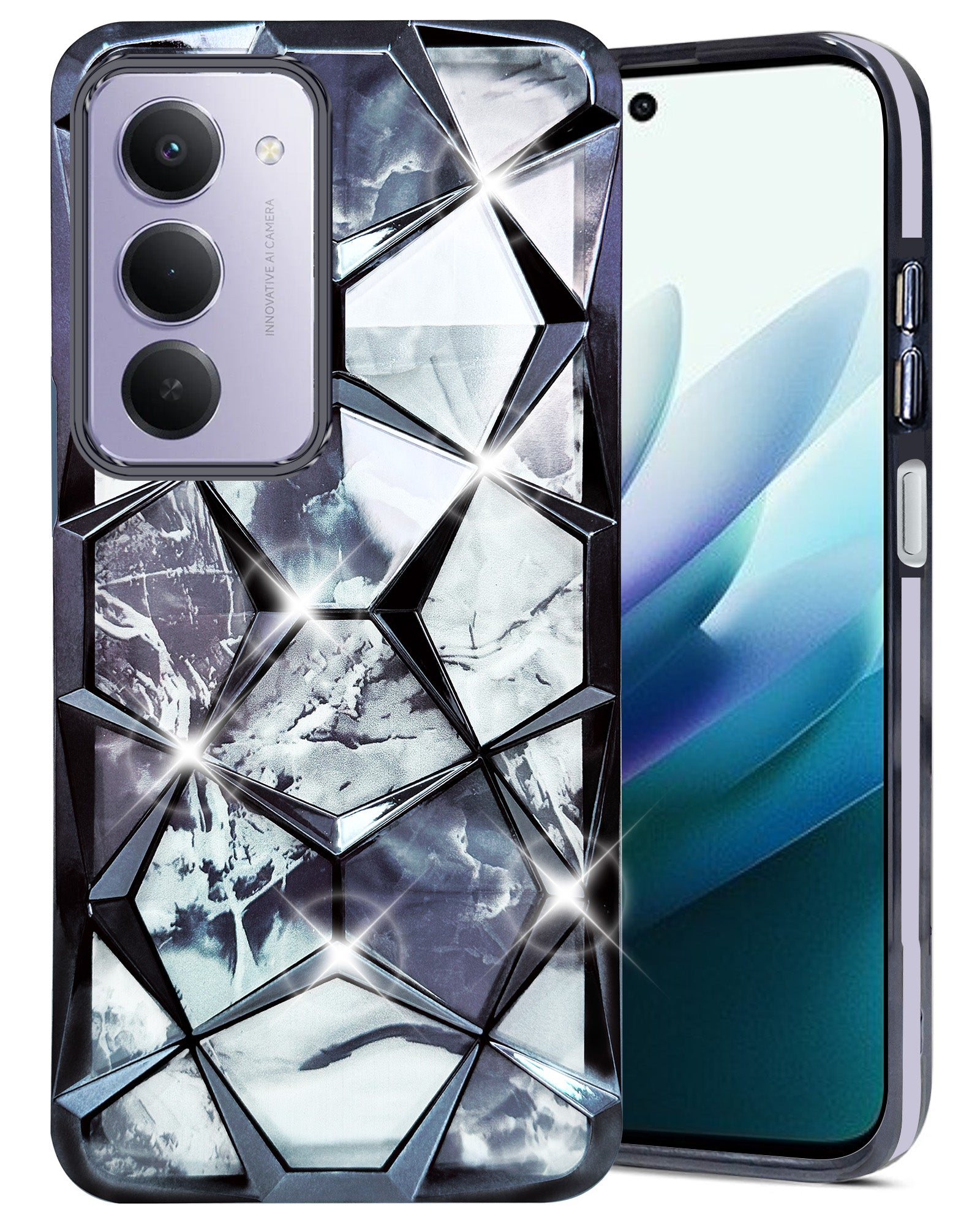 For Redmi 15 Back Cover Case 3D Silicone Compatible (Dual Design Glitter Sparkle and Detachable Diamond Print Case | Soft and Flexible)