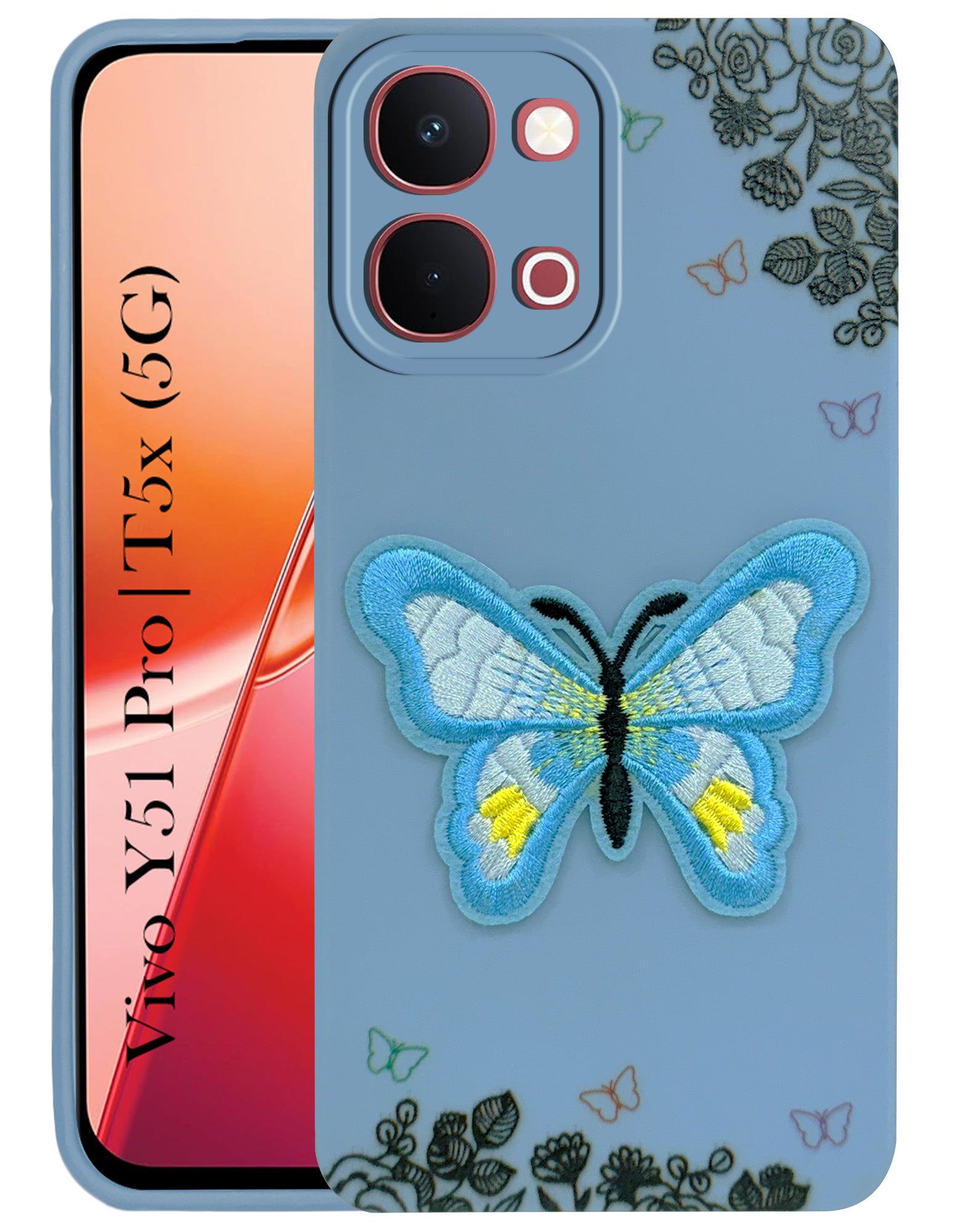 For Vivo Y51 Pro 5G | Vivo T5x Back Cover Case (Soft Butterfly Embroidery | Women Teen Girls | Camera Protection| Matte Silicone)