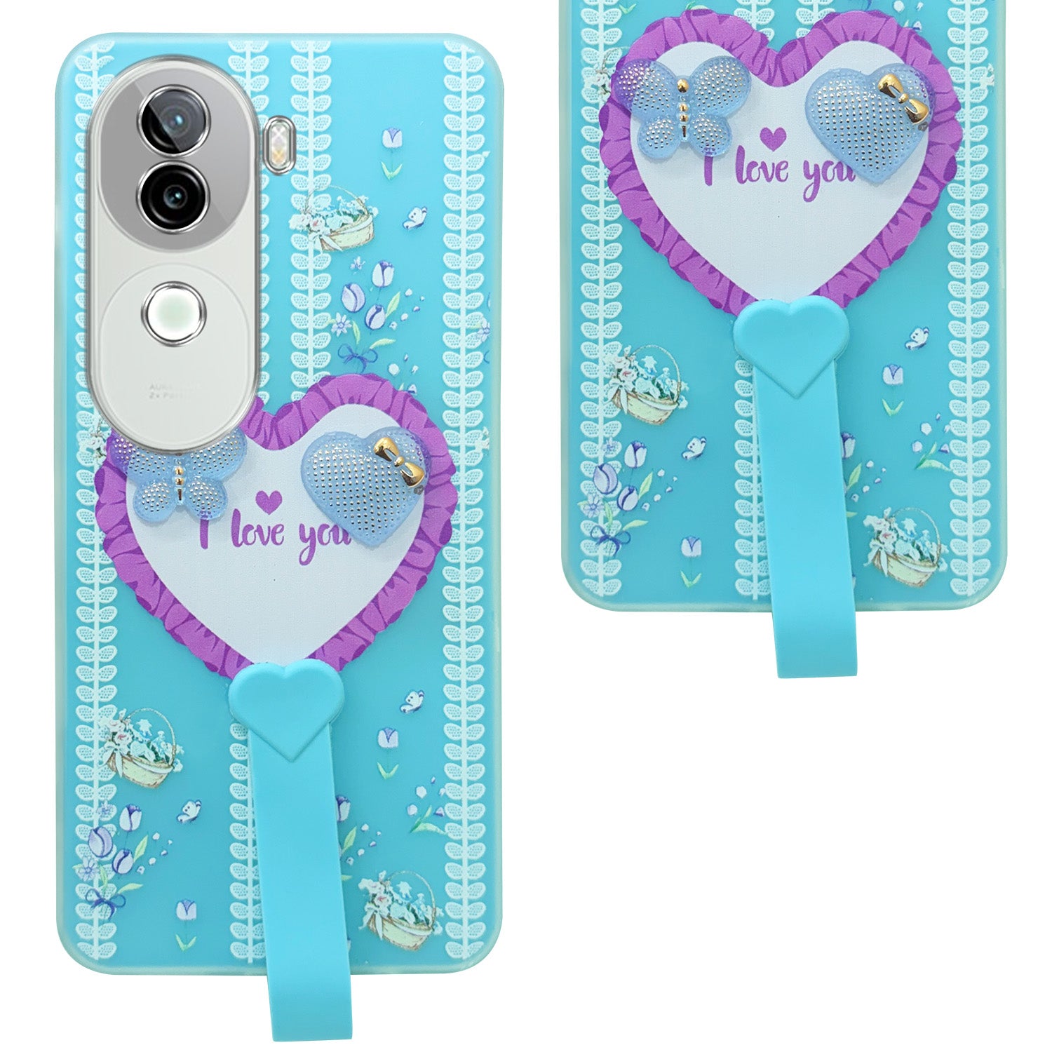 For Vivo iQOO Z9s Back Cover Case (3D Cute Heart Strap Holder | Camera Protection | Designer Girls Print)