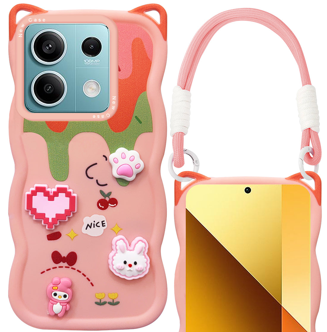 For Xiaomi Redmi Note 13 5G Back Case Cover Strap (3D embossed Figures | Strap Holder | 360* Soft Cushion with Camera Bump)