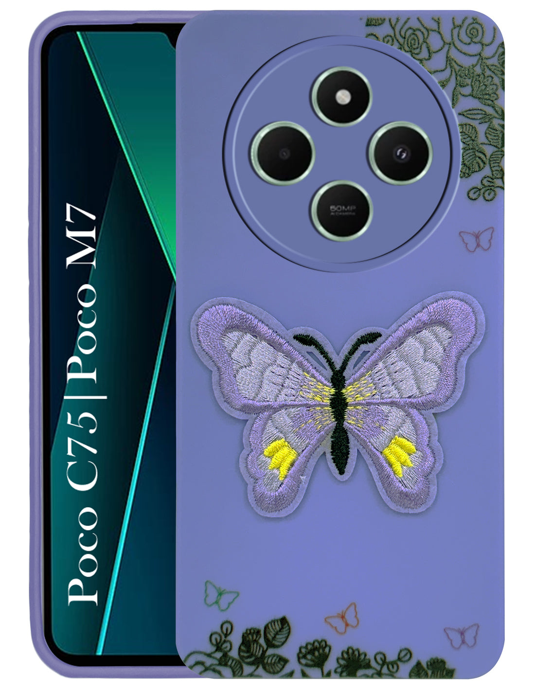 For Poco C75 | Poco M7 Back Cover Case (Soft Butterfly Embroidery | Women Teen Girls | Camera Protection| Matte Silicone)