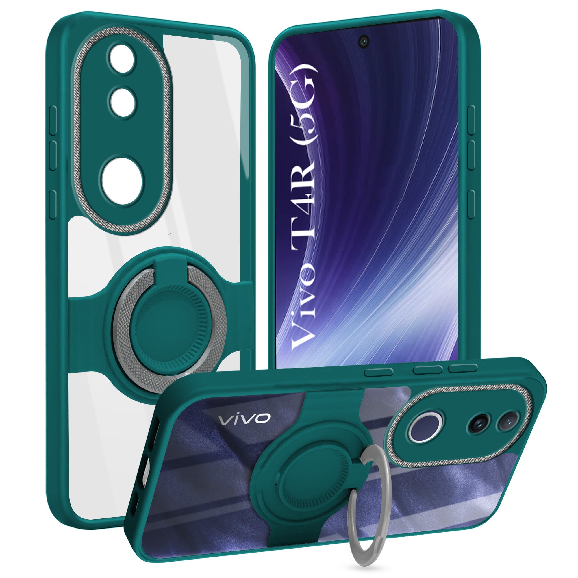 For Vivo T4R Back Cover Case with stand (Built-in Ring Holder Kickstand | Lifetime Anti Yellow | Camera Protection)