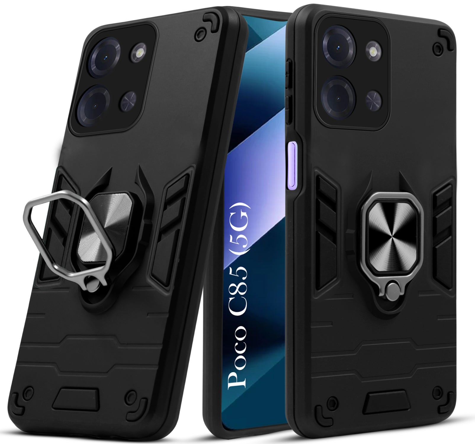 For Poco C85 5G Hybrid Armor Back Cover Case (Shockproof Dual Layer Polycarbonate |Ring Holder Kickstand)