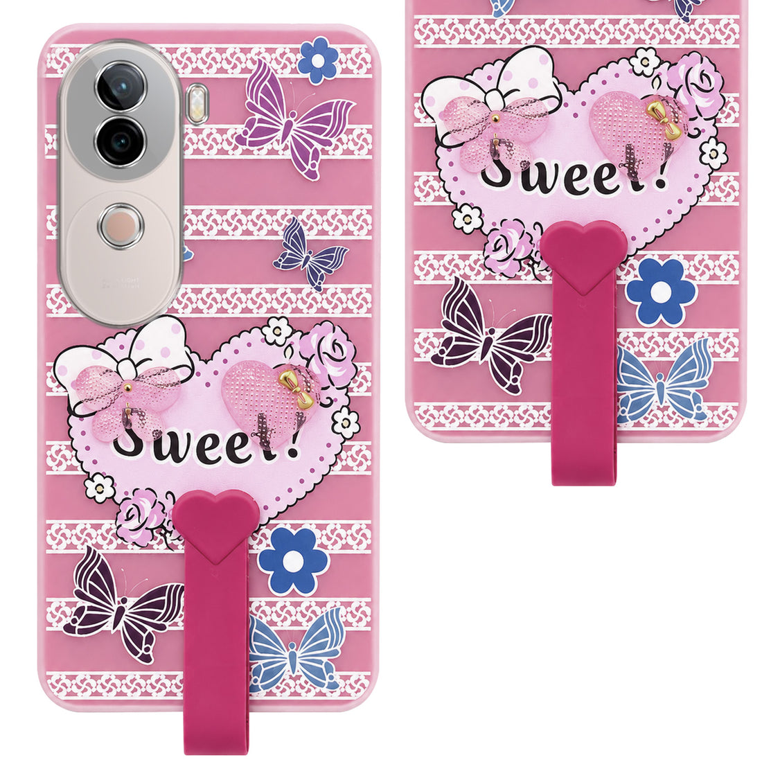 For Vivo iQOO Z9s Back Cover Case (3D Cute Heart Strap Holder | Camera Protection | Designer Girls Print)