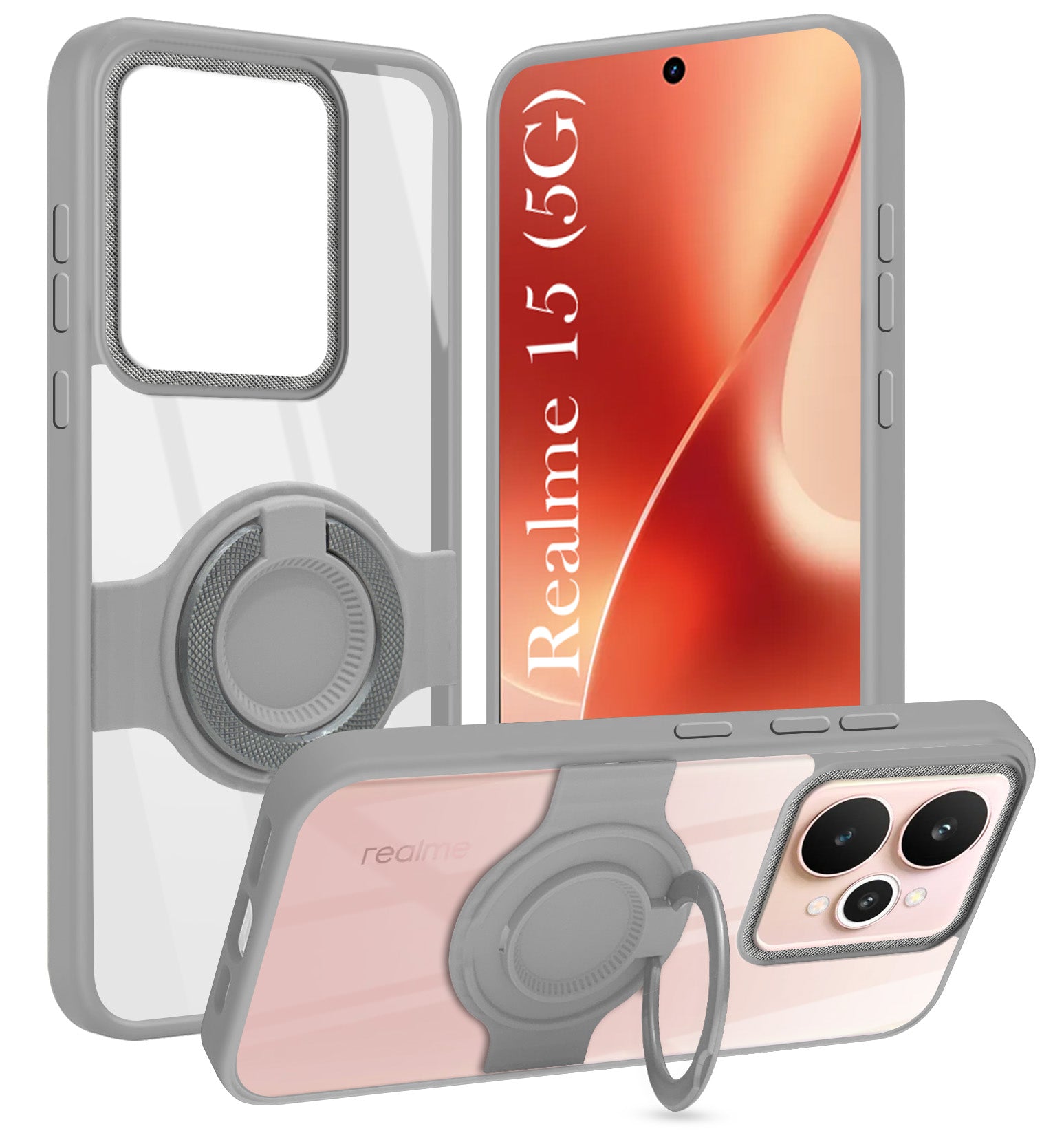 For Realme 15 Back Cover Case with stand (Built-in Ring Holder Kickstand | Lifetime Anti Yellow | Camera Protection)