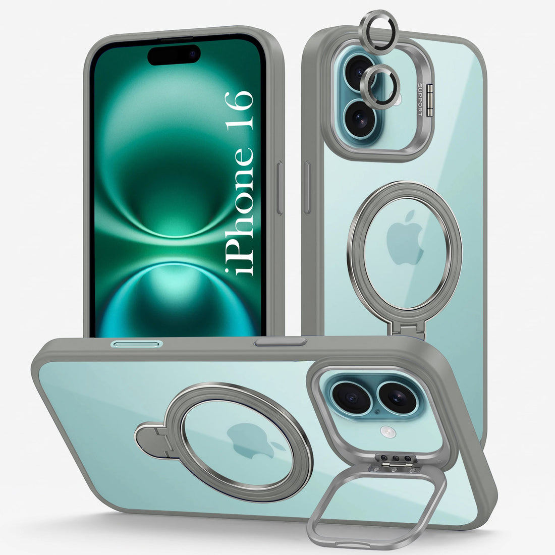 For Apple iPhone 16 Back Cover Case Crystal (Lifetime Anti Yellow | Magnetic Ring Stand | Camera Lens Protection | MagSafe Compatible)
