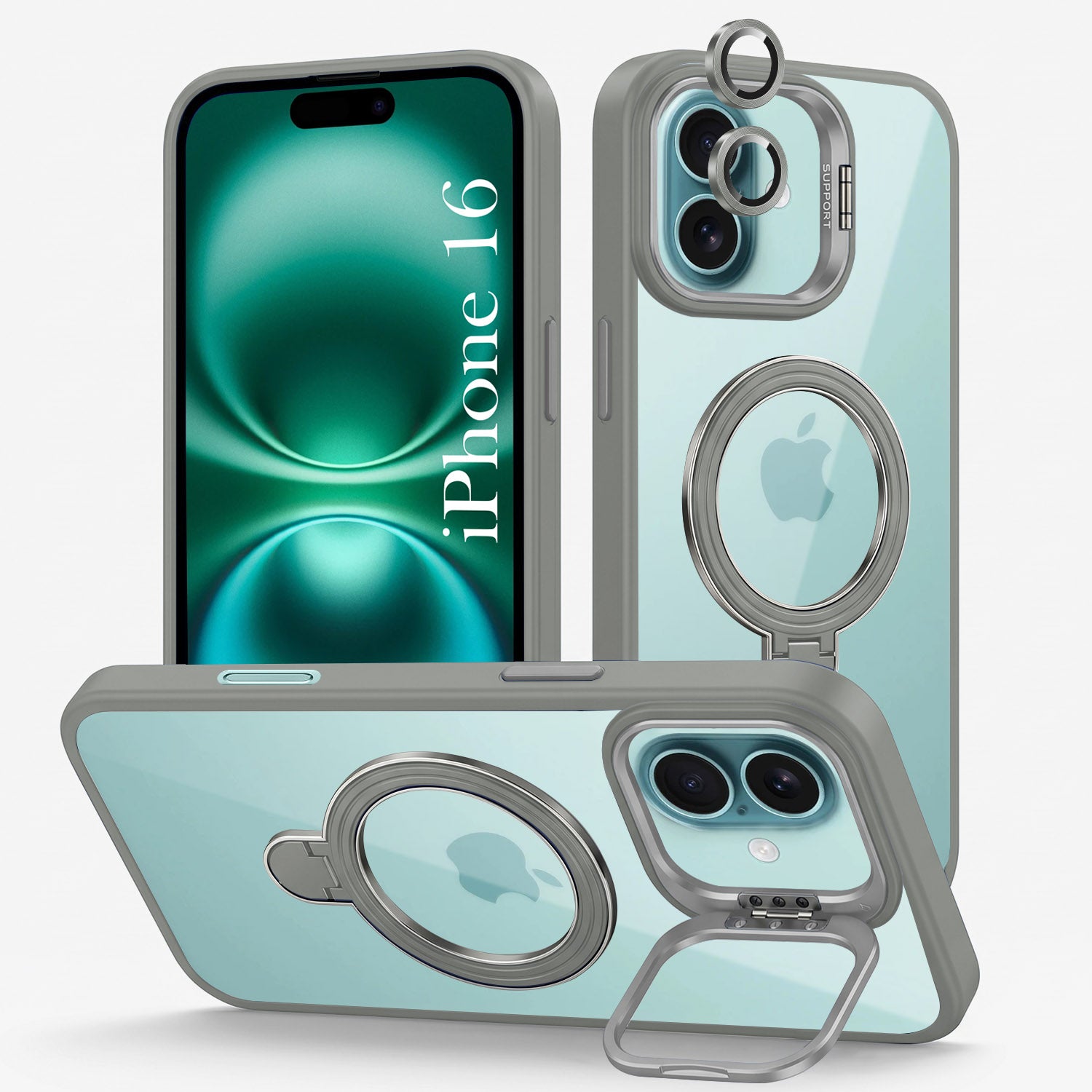 For Apple iPhone 16 Back Cover Case Crystal (Lifetime Anti Yellow | Magnetic Ring Stand | Camera Lens Protection | MagSafe Compatible)