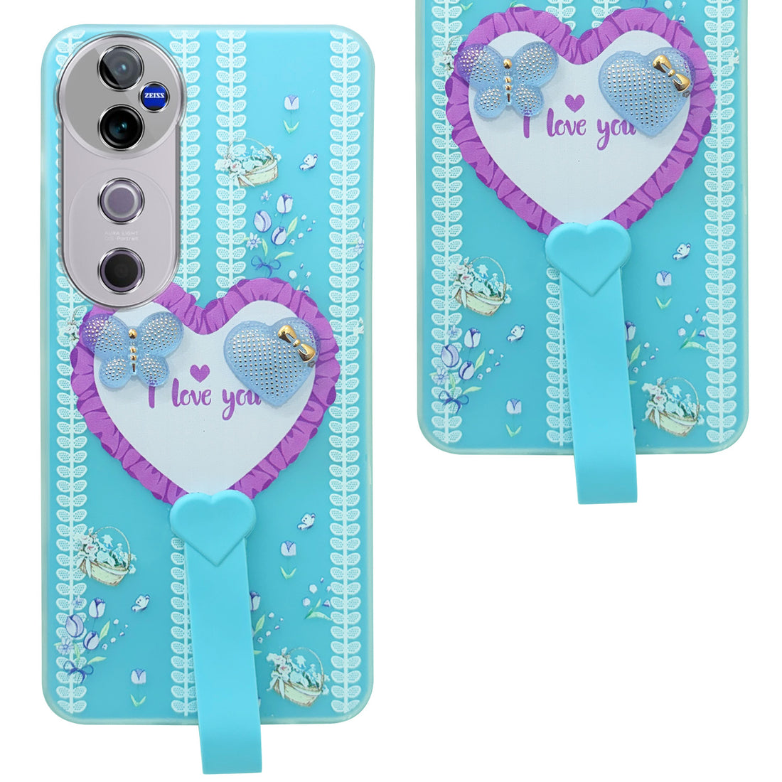 For Vivo V40 | Vivo V40 Pro 5G Back Cover Case (3D Cute Heart Strap Holder | Camera Protection | Designer Girls Print)