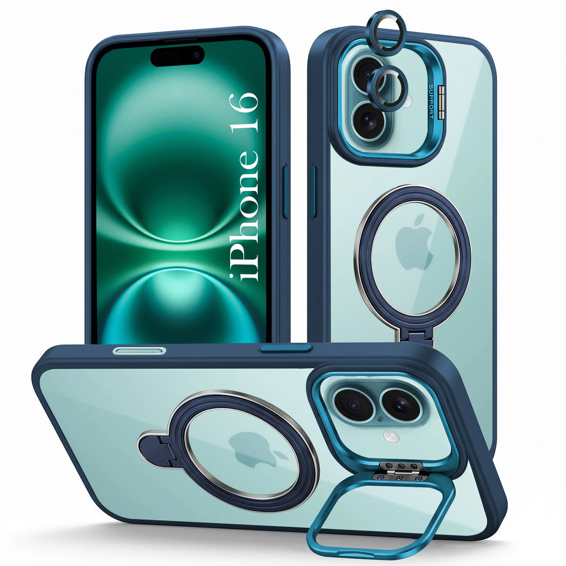 For Apple iPhone 16 Back Cover Case Crystal (Lifetime Anti Yellow | Magnetic Ring Stand | Camera Lens Protection | MagSafe Compatible)
