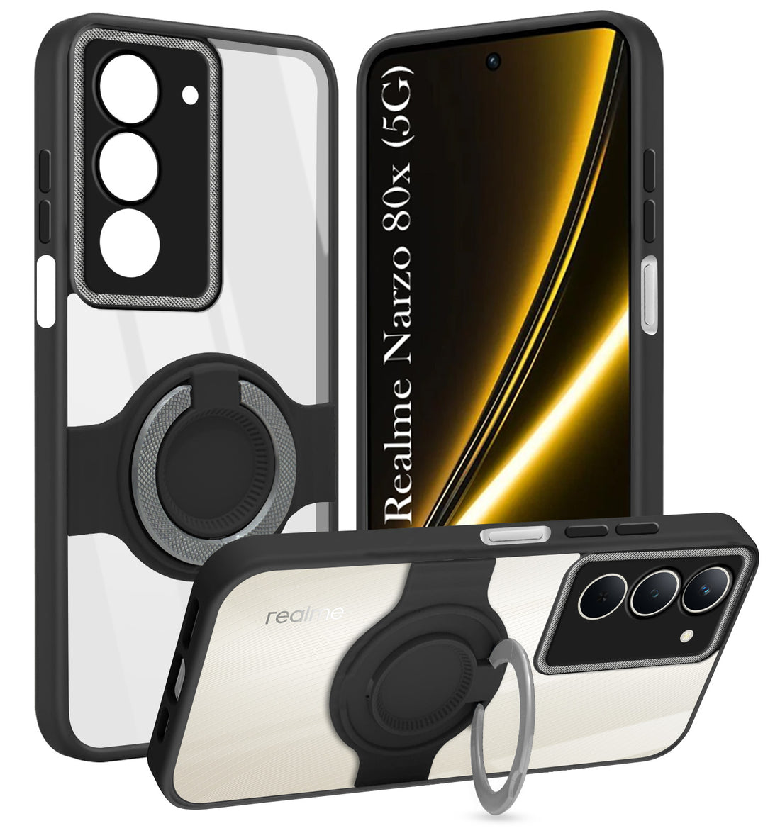 For Realme Narzo 80x Back Cover Case with stand (Built-in Ring Holder Kickstand | Lifetime Anti Yellow | Camera Protection)
