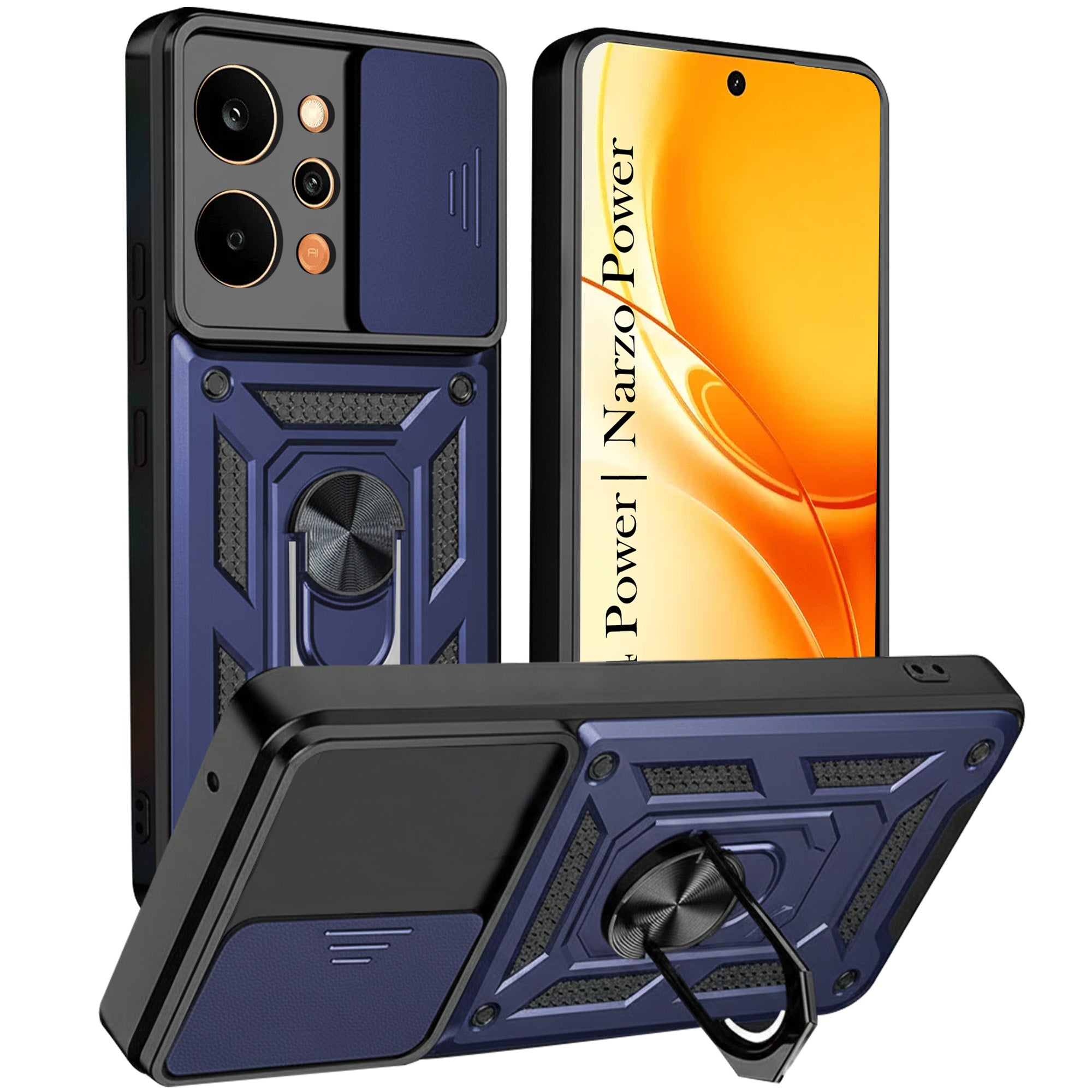 For Realme P4 Power 5G | Realme Narzo Power Back Cover Case Hybrid Armor (Sliding Shutter Camera Protection | Polycarbonate |Ring Holder Kickstand)