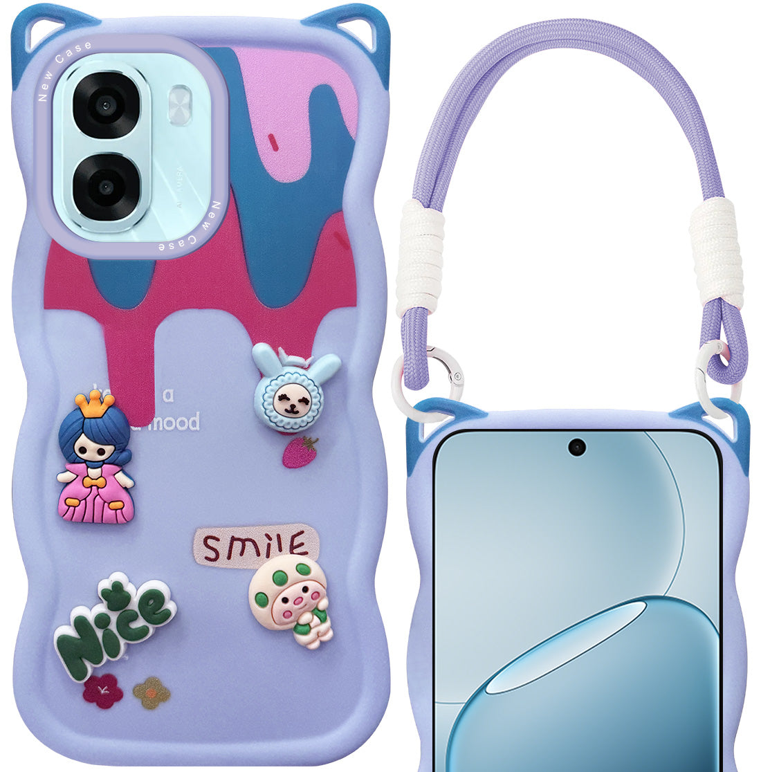 For Oppo A6X | Oppo A6S Back Case Cover Strap (3D Embossed Figures | Strap Holder | 360* Soft Cushion with Camera Bump)
