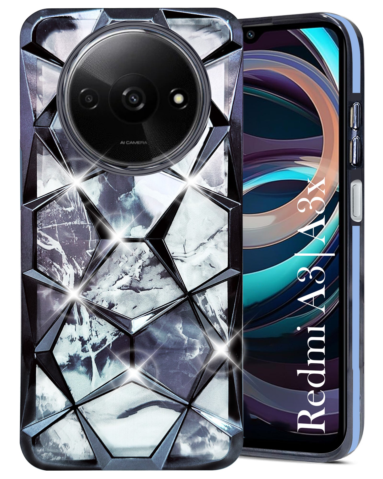 For Xiaomi Redmi A3 2024 | A3X Back Cover Case (Dual Design Glitter Sparkle and Detachable Diamond Print Case | Soft and Flexible)
