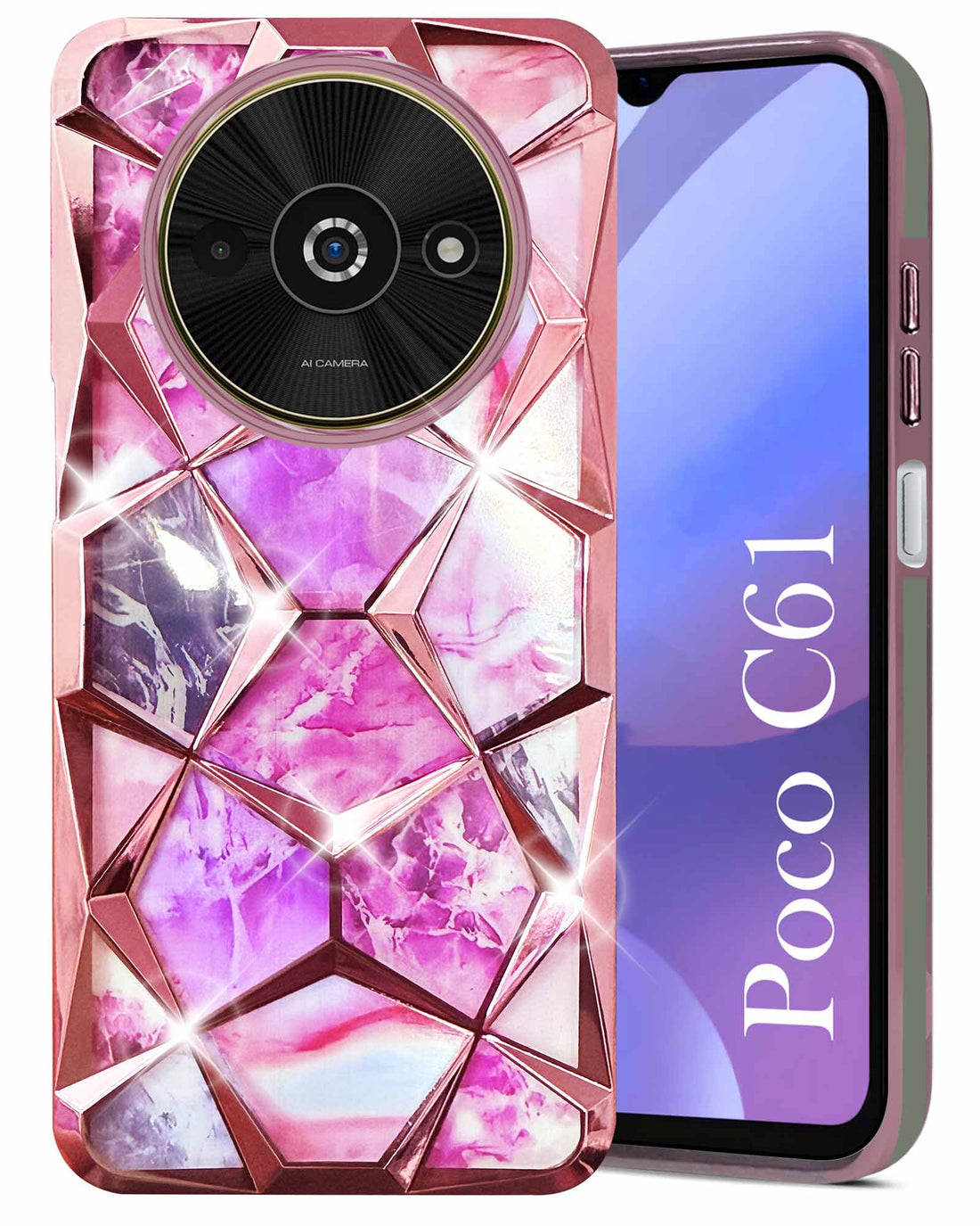For Xiaomi Poco C61 Back Cover Case ( Dual Design Glitter Sparkle and Detachable Diamond Print Case | Soft and Flexible)