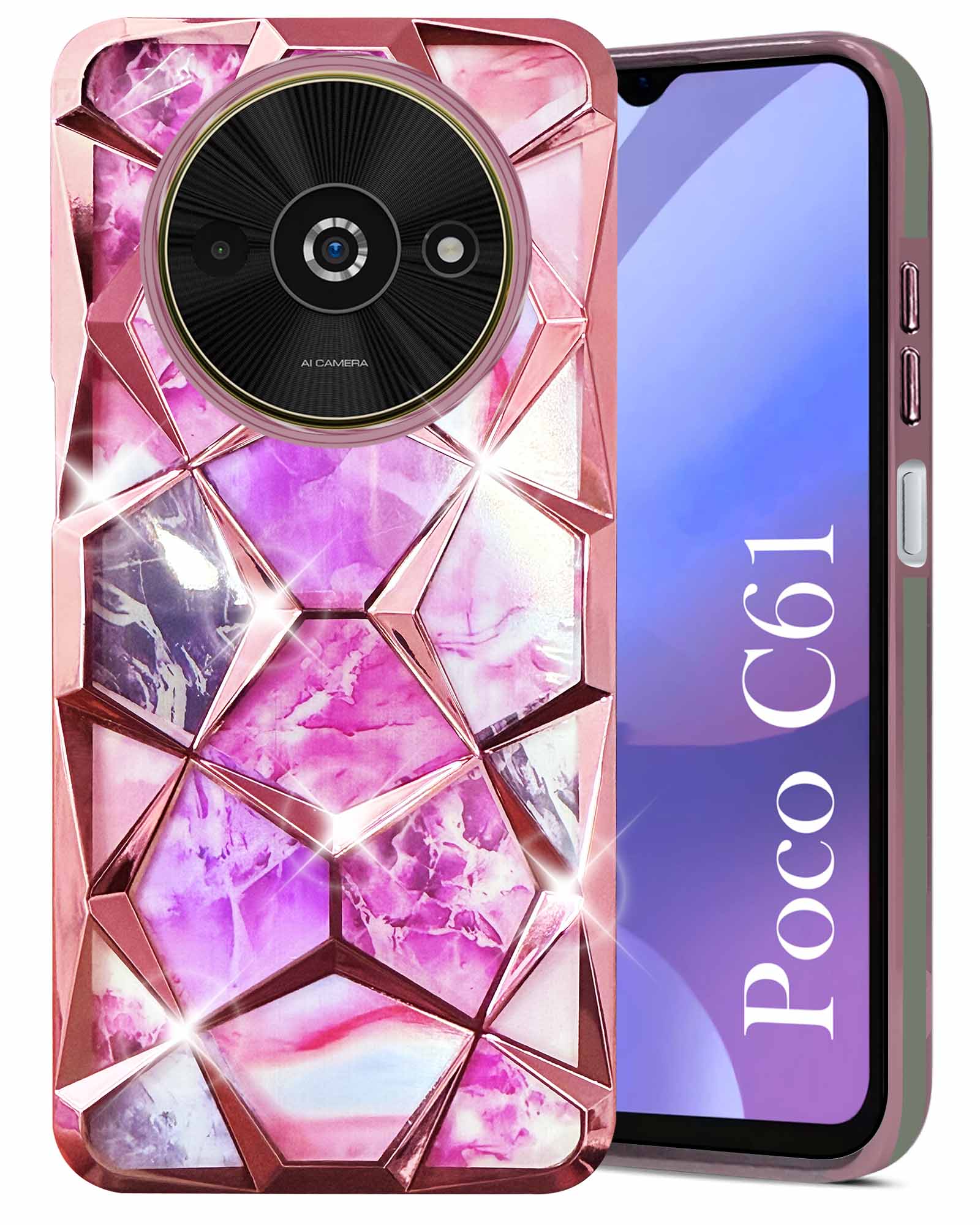 For Xiaomi Poco C61 Back Cover Case ( Dual Design Glitter Sparkle and Detachable Diamond Print Case | Soft and Flexible)