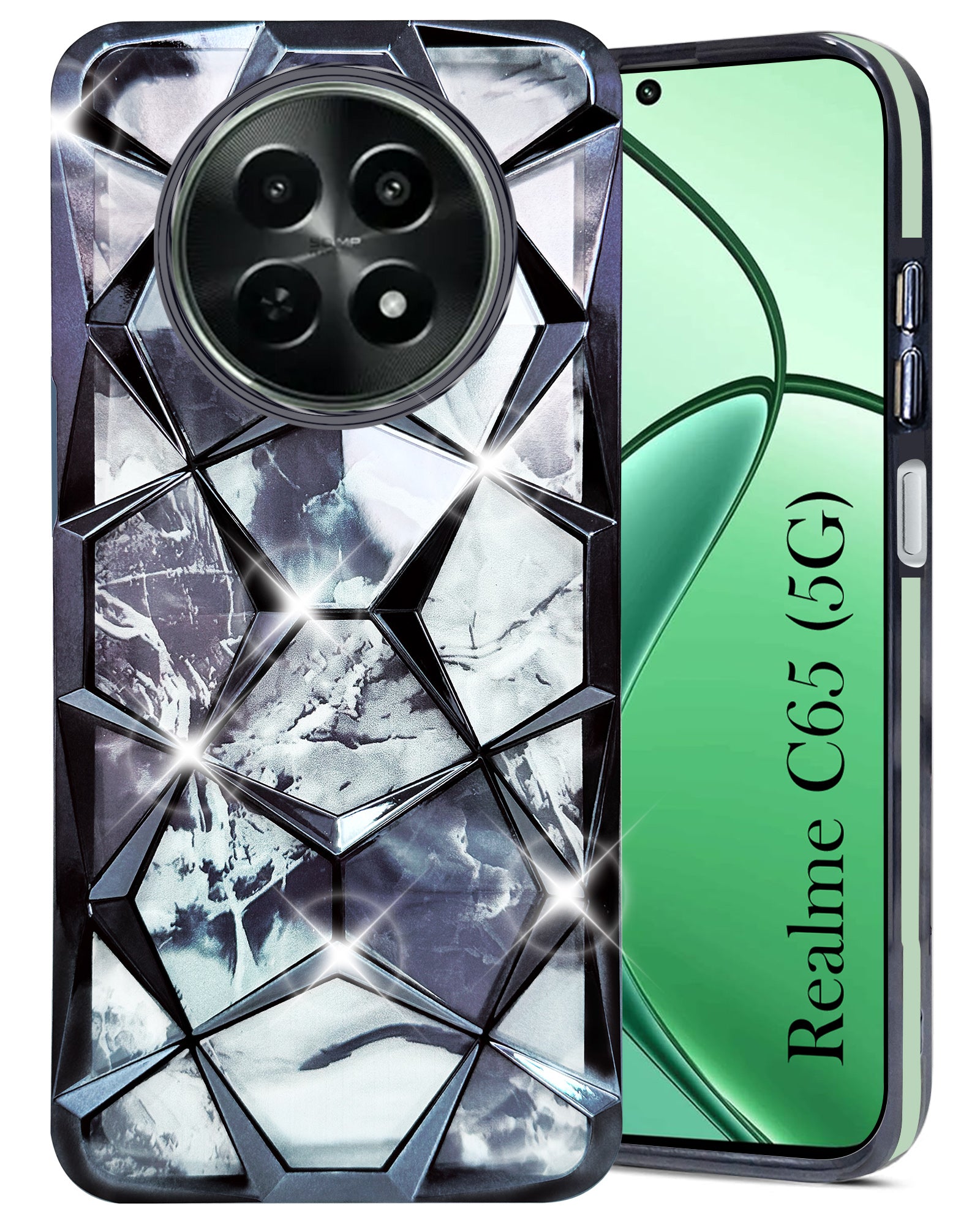 For Realme C65 5G Back Cover Case ( Dual Design Glitter Sparkle and Detachable Diamond Print Case | Soft and Flexible)