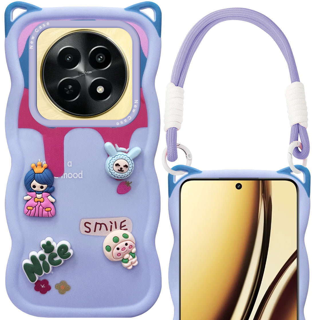 For Realme Narzo N65 5G Back Case Cover Strap (3D Embossed Figures | Strap Holder | 360* Soft Cushion with Camera Bump)