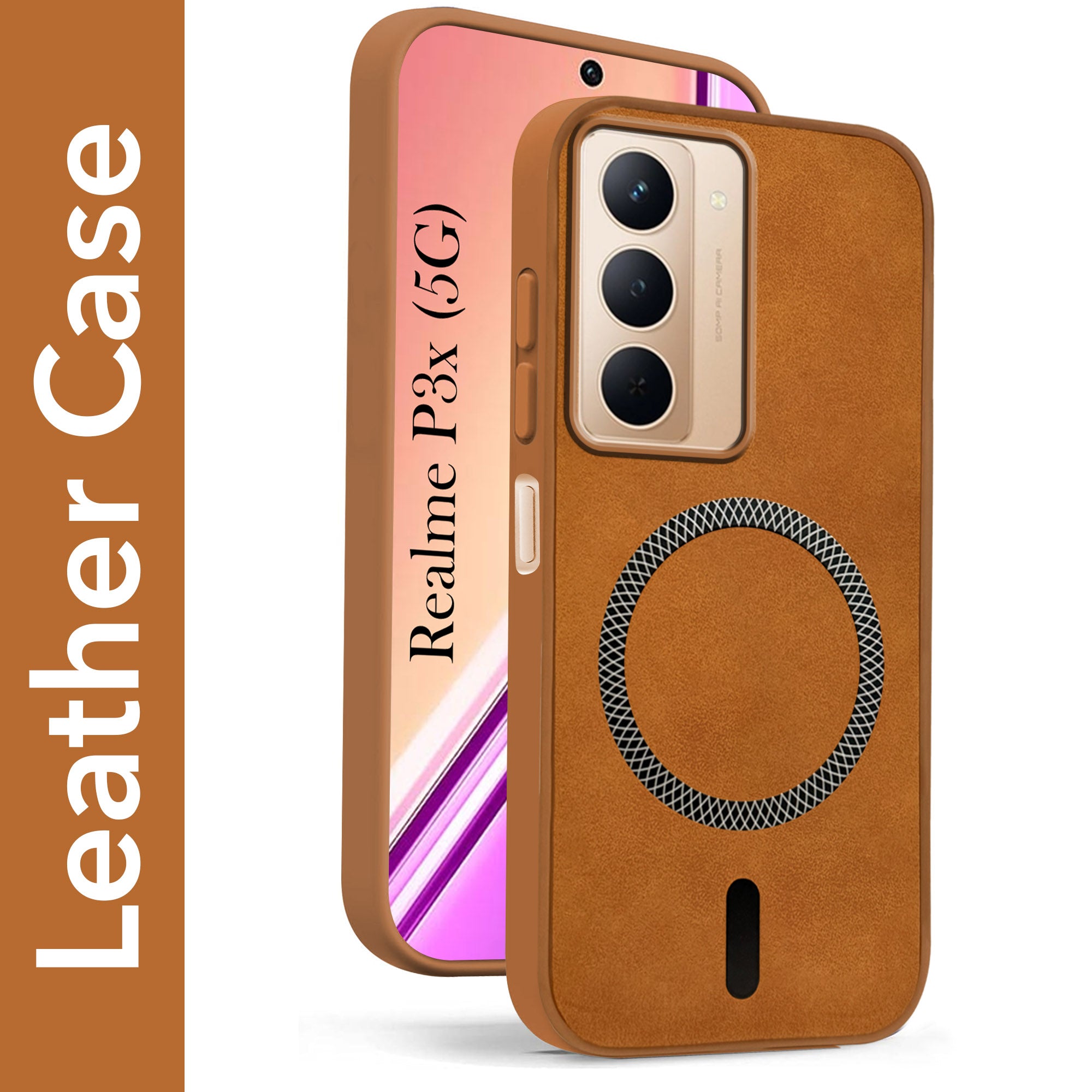 For Realme P3x Back Cover Case Leather Finish (MagSafe Compatible Wireless Charging | Soft Touch | Camera Bump Protection)