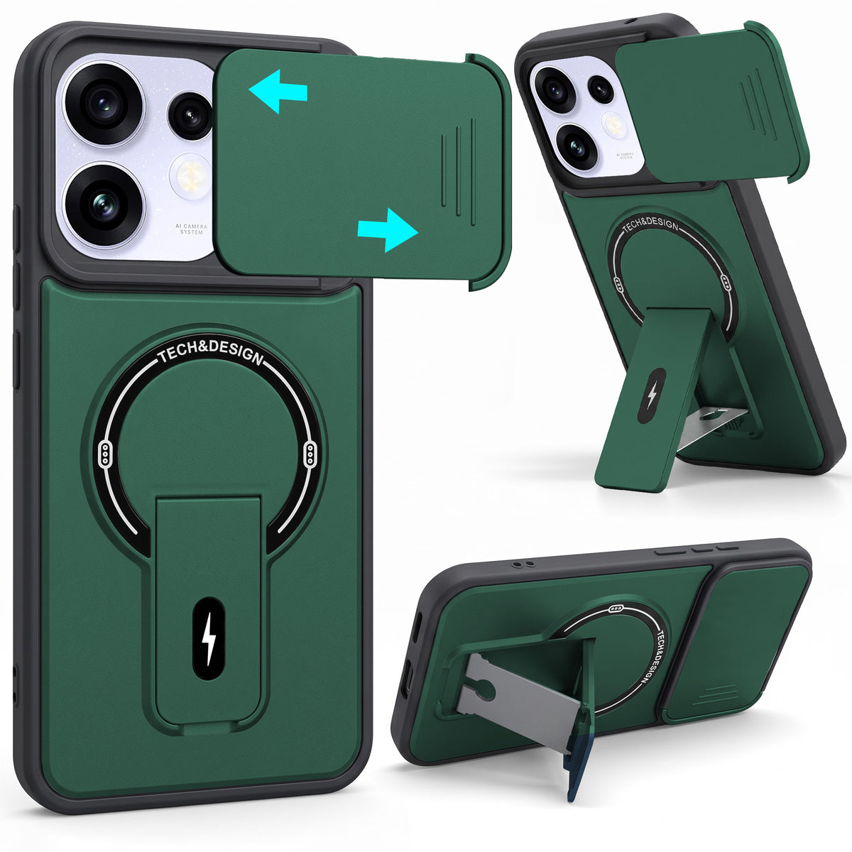 For Oppo Reno 16 Power Back Case Cover Metallic (Hybrid Armor Kickstand | Sliding Shutter Camera Protection | MagSafe Compatible)