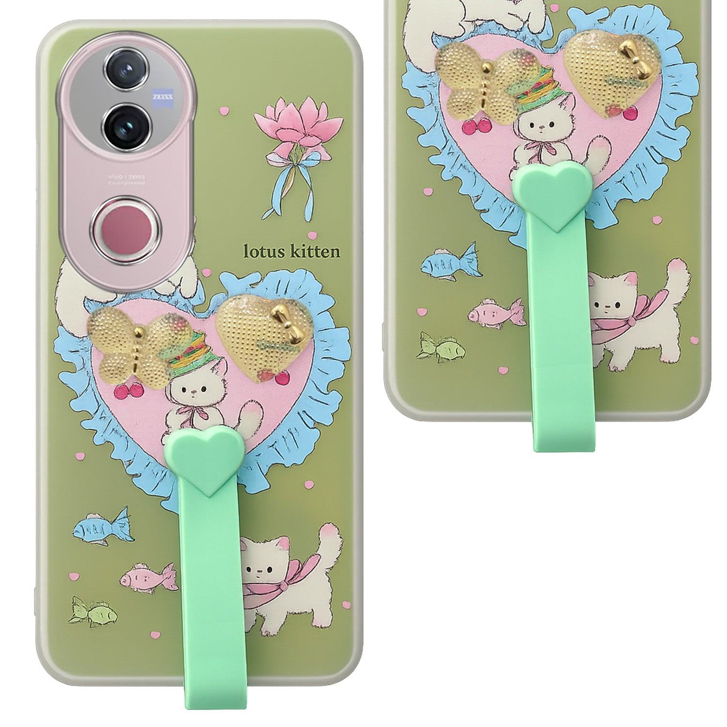 For Vivo V50 | Vivo V50e Back Cover Case (3D Cute Heart Strap Holder | Camera Protection | Designer Girls Print)