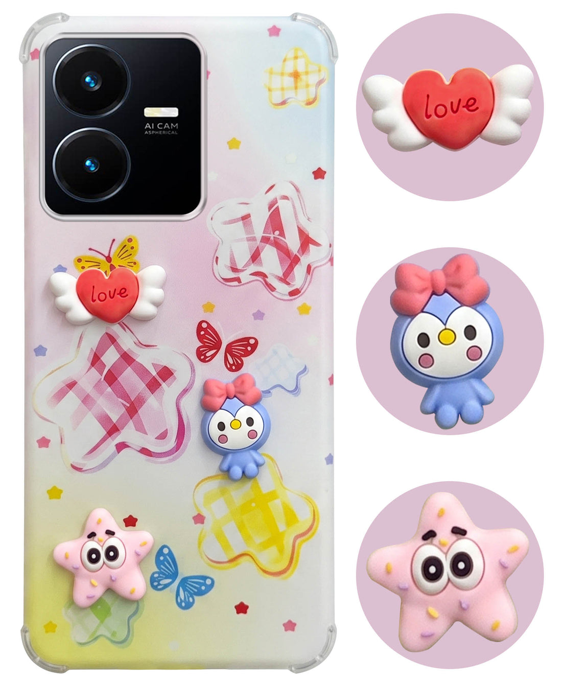 For Vivo Y22 | Vivo Y22s Back Cover Case (3D Cute Cartoons | Hard Back Side Soft | Matte Premium Finish | HD Printing)