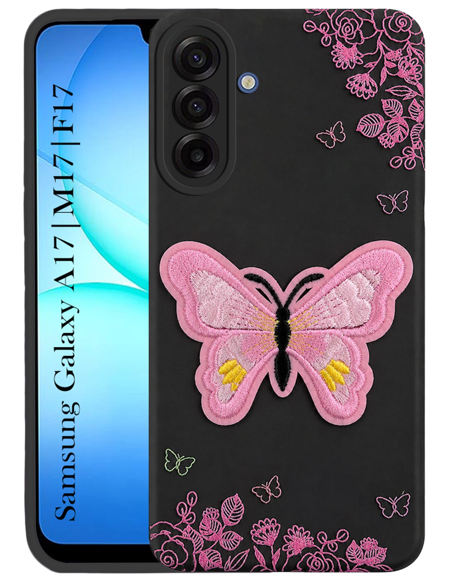 For Samsung Galaxy A17 | Samsung F17 | Samsung M17 5G Back Cover Case (Soft Butterfly Embroidery | Women Teen Girls | Camera Protection| Matte Silicone)