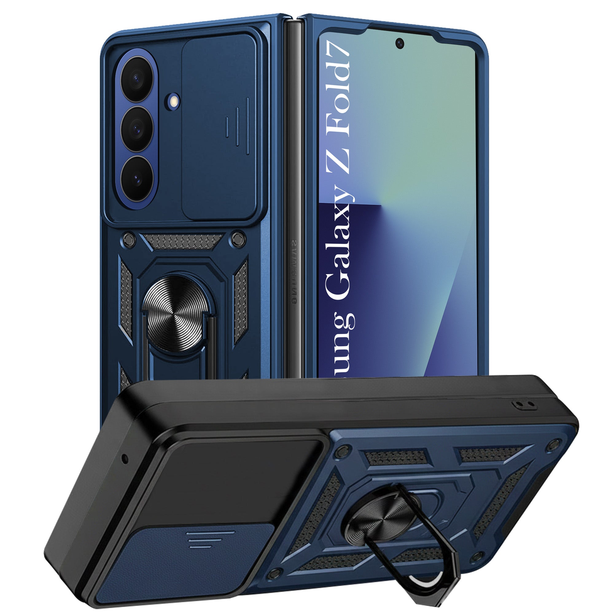 For Samsung Galaxy Z Fold 7 Back Cover Case Hybrid Armor (Sliding Shutter Camera Protection | Polycarbonate |Ring Holder Kickstand)