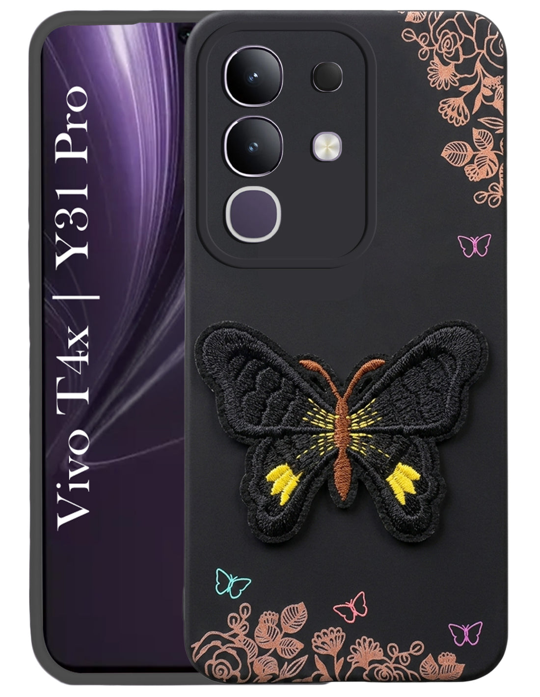 For Vivo T4x | Vivo Y31 Pro Back Cover Case (Soft Butterfly Embroidery | Women Teen Girls | Camera Protection| Matte Silicone)