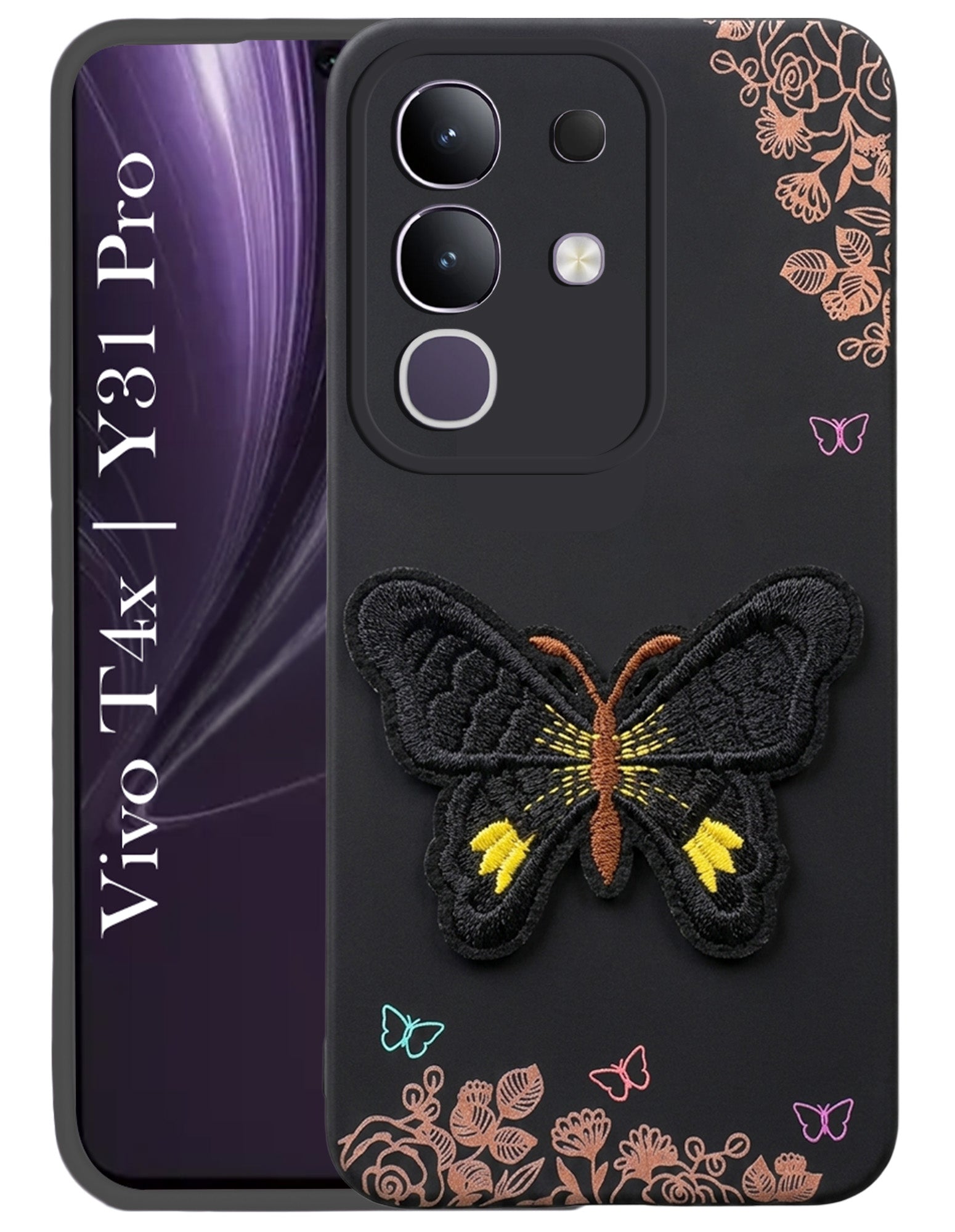 For Vivo T4x | Vivo Y31 Pro Back Cover Case (Soft Butterfly Embroidery | Women Teen Girls | Camera Protection| Matte Silicone)