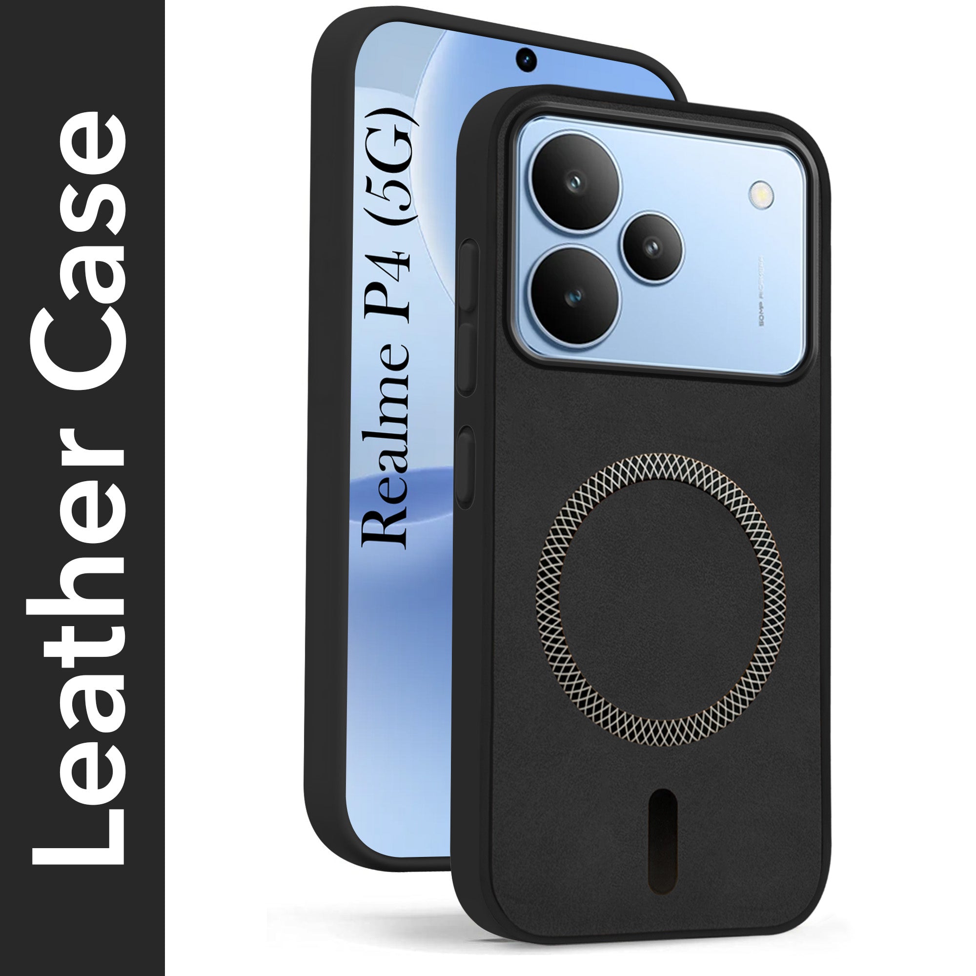 For Realme P4 Back Cover Case Leather Finish (MagSafe Compatible Wireless Charging | Soft Touch | Camera Bump Protection)