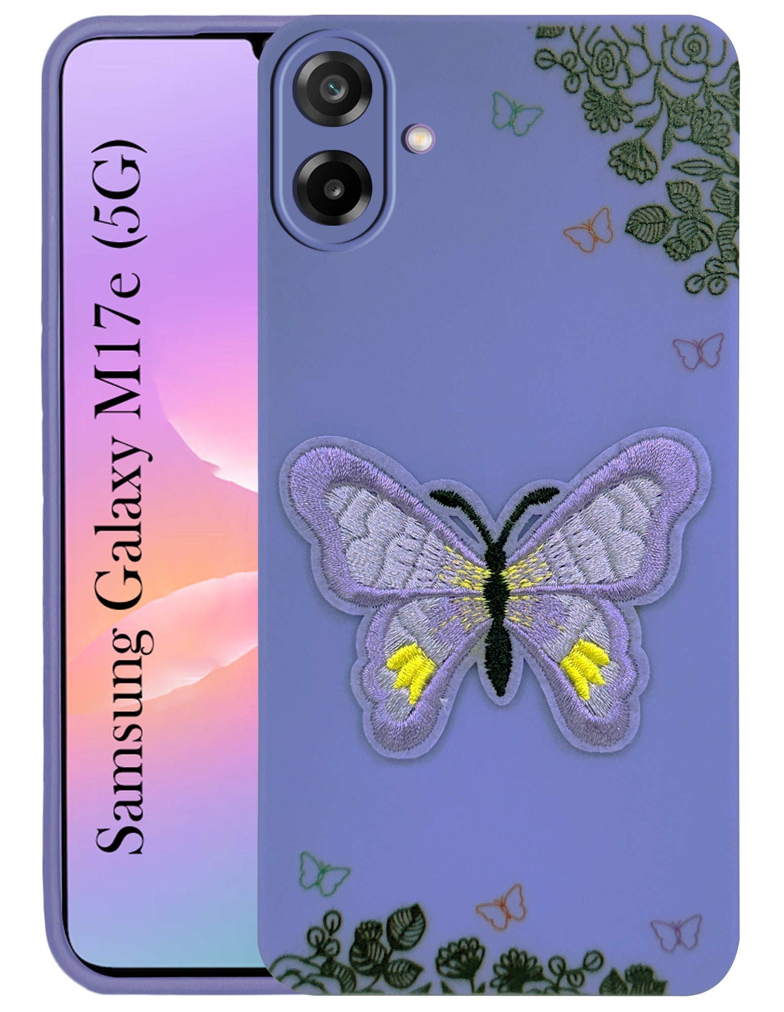 For Samsung Galaxy M17e Back Cover Case (Soft Butterfly Embroidery | Women Teen Girls | Camera Protection| Matte Silicone)