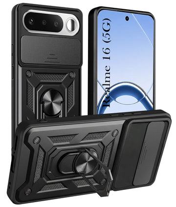 For Realme 16 Back Cover Case Hybrid Armor (Sliding Shutter Camera Protection | Polycarbonate |Ring Holder Kickstand)