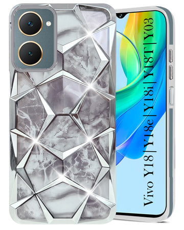 For Vivo Y18 | Y18e | Y03 | Y18i | Y18t Back Cover Case (Dual Design Glitter Sparkle and Detachable Diamond Print Case | Soft and Flexible)