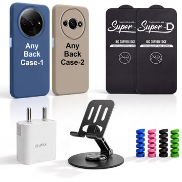 Complete Mobile Care Kit (Get Any 2 Cases+2 Tempered Glass+25W Charger Adapter+Metallic Mobile Stand+Cable Protector)