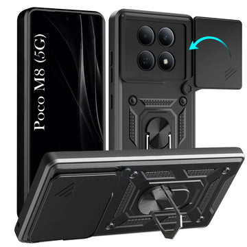 For Poco M8 5G Back Cover Case Hybrid Armor (Sliding Shutter Camera Protection | Polycarbonate |Ring Holder Kickstand)