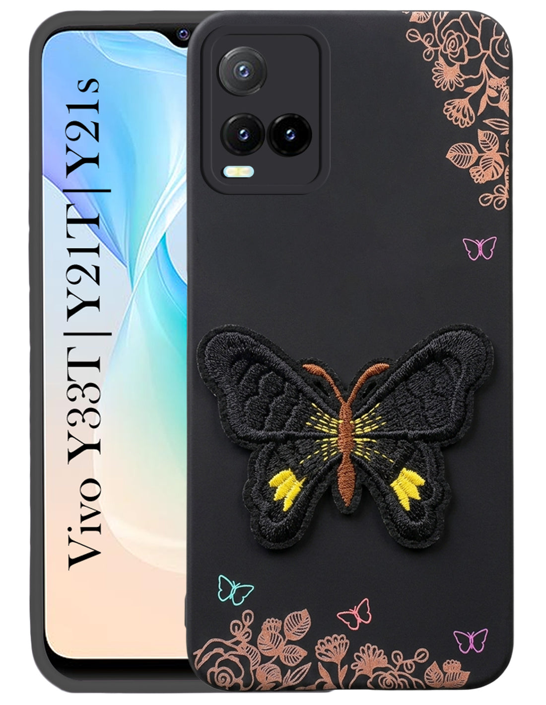 For Vivo Y33T | Vivo Y21T | Vivo Y21s Back Cover Case (Soft Butterfly Embroidery | Women Teen Girls | Camera Protection| Matte Silicone)