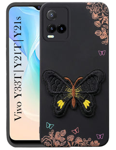 For Vivo Y33T | Vivo Y21T | Vivo Y21s Back Cover Case (Soft Butterfly Embroidery | Women Teen Girls | Camera Protection| Matte Silicone)