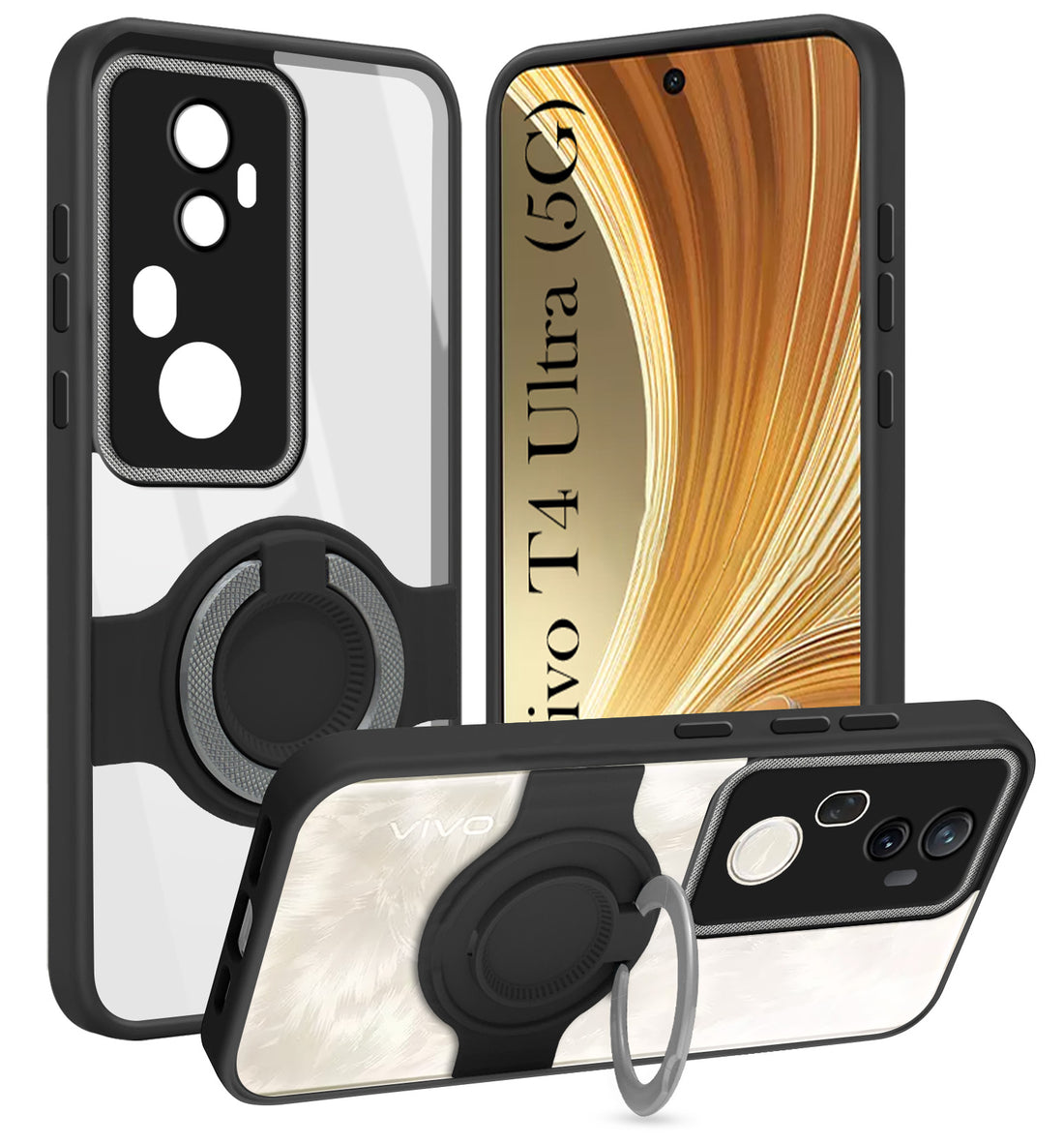 For Vivo T4 Ultra Back Cover Case with stand (Built-in Ring Holder Kickstand | Lifetime Anti Yellow | Camera Protection)