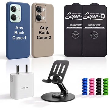 Complete Mobile Care Kit (Get Any 2 Cases+2 Tempered Glass+25W Charger Adapter+Metallic Mobile Stand+Cable Protector)