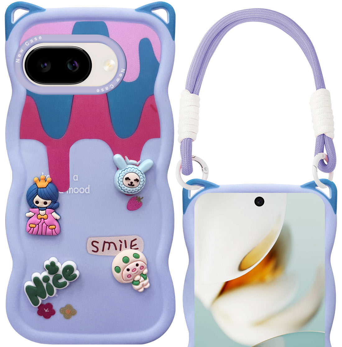 For Google Pixel 9A Back Case Cover Strap (3D Embossed Figures | Strap Holder | 360* Soft Cushion with Camera Bump)