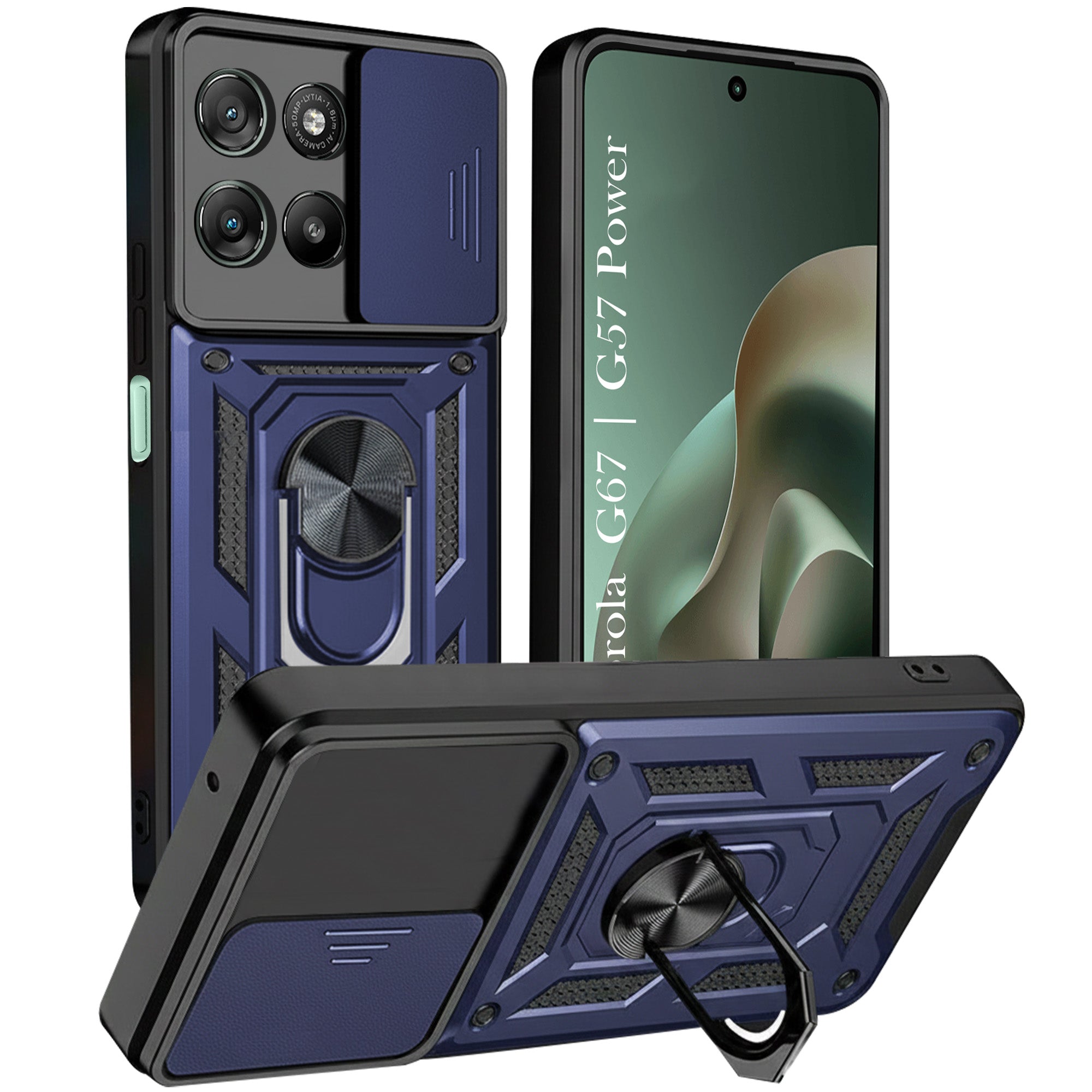 For Motorola Moto G67 Power | G57 Power Back Cover Case Hybrid Armor (Sliding Shutter Camera Protection | Polycarbonate |Ring Holder Kickstand)
