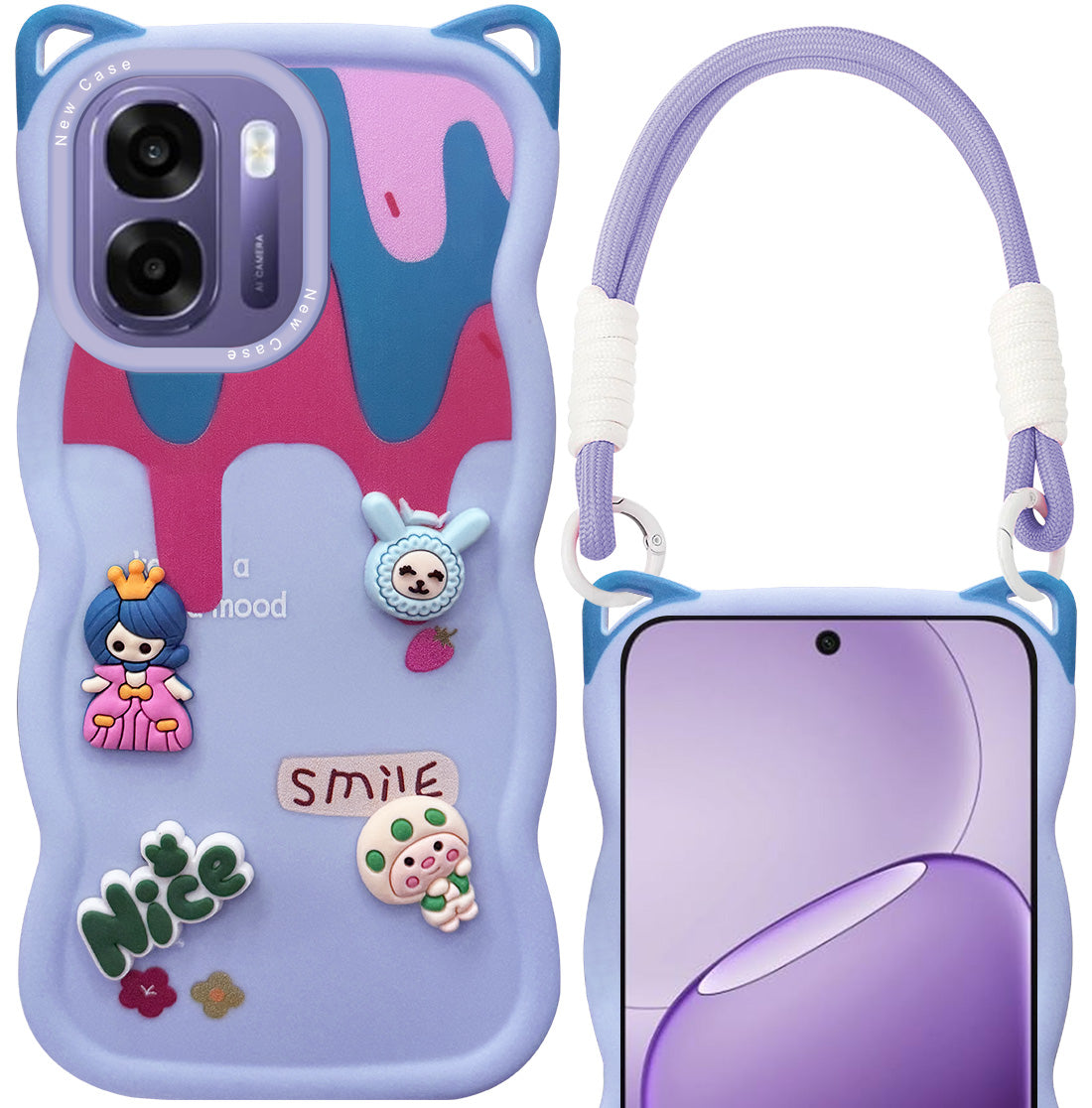 For Oppo K14x 5G Back Case Cover Strap (3D Embossed Figures | Strap Holder | 360* Soft Cushion with Camera Bump)