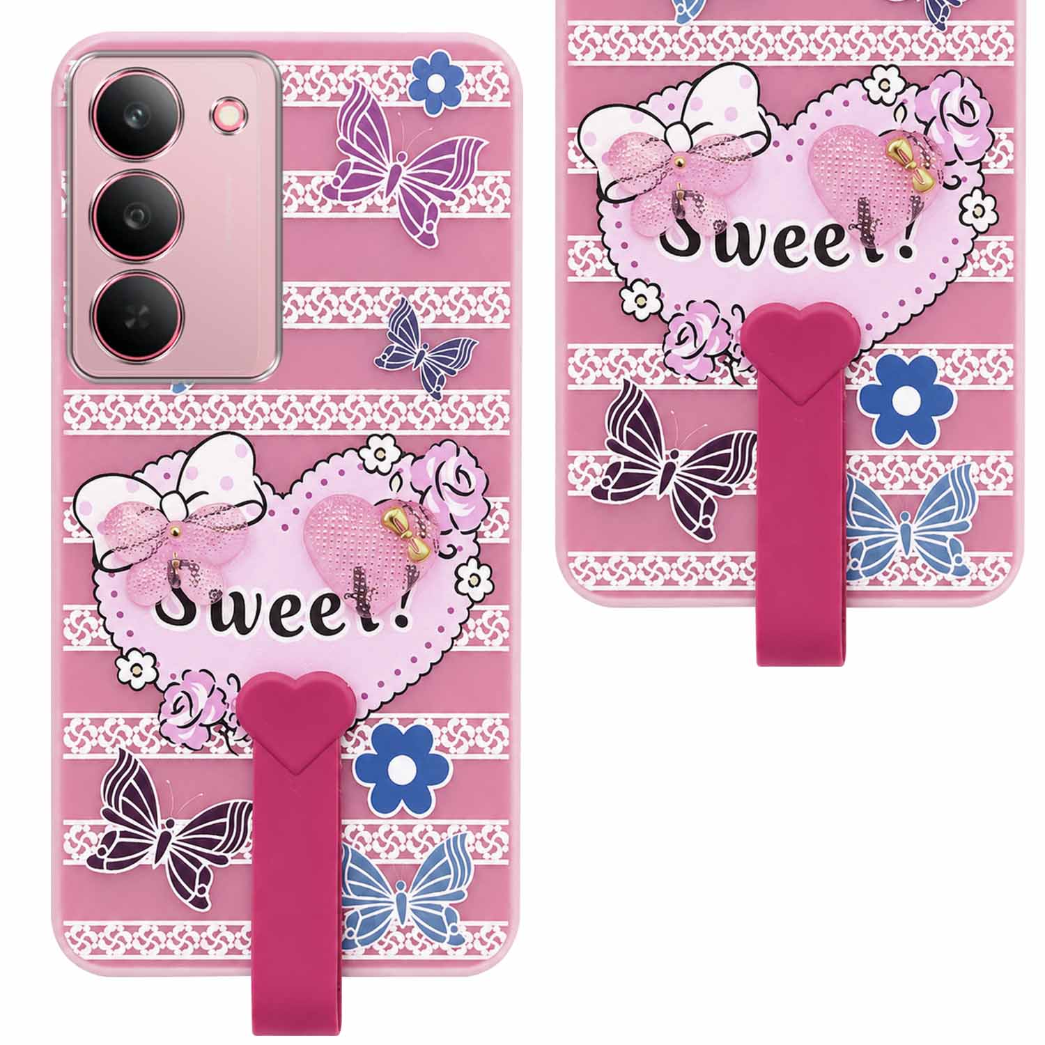 For Realme 14X Back Cover Case (3D Cute Heart Strap Holder | Camera Protection | Designer Girls Print)