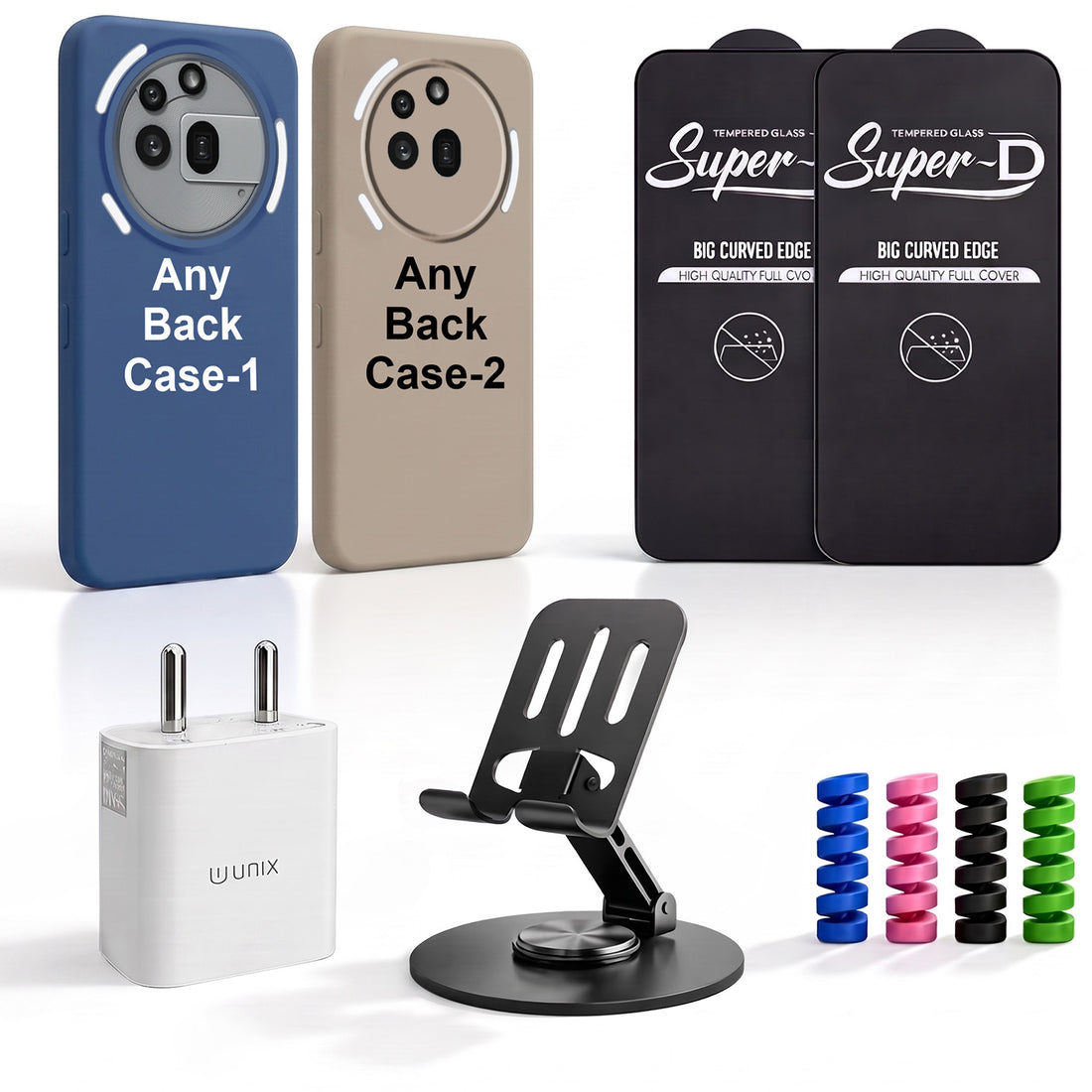 Complete Mobile Care Kit (Get Any 2 Cases+2 Tempered Glass+25W Charger Adapter+Metallic Mobile Stand+Cable Protector)