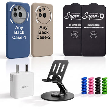 Complete Mobile Care Kit (Get Any 2 Cases+2 Tempered Glass+25W Charger Adapter+Metallic Mobile Stand+Cable Protector)