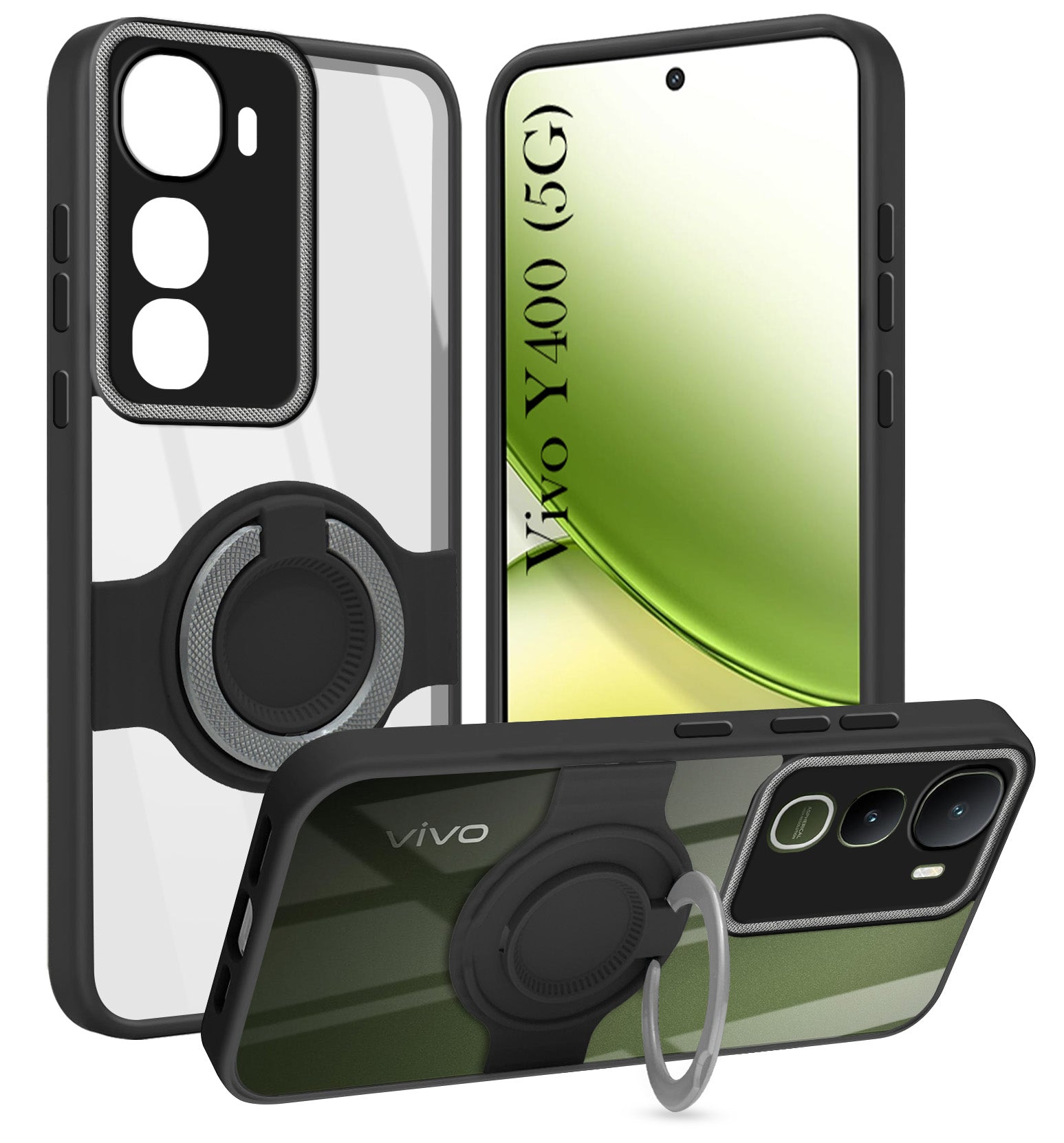 For Vivo Y400 Back Cover Case with stand (Built-in Ring Holder Kickstand | Lifetime Anti Yellow | Camera Protection)