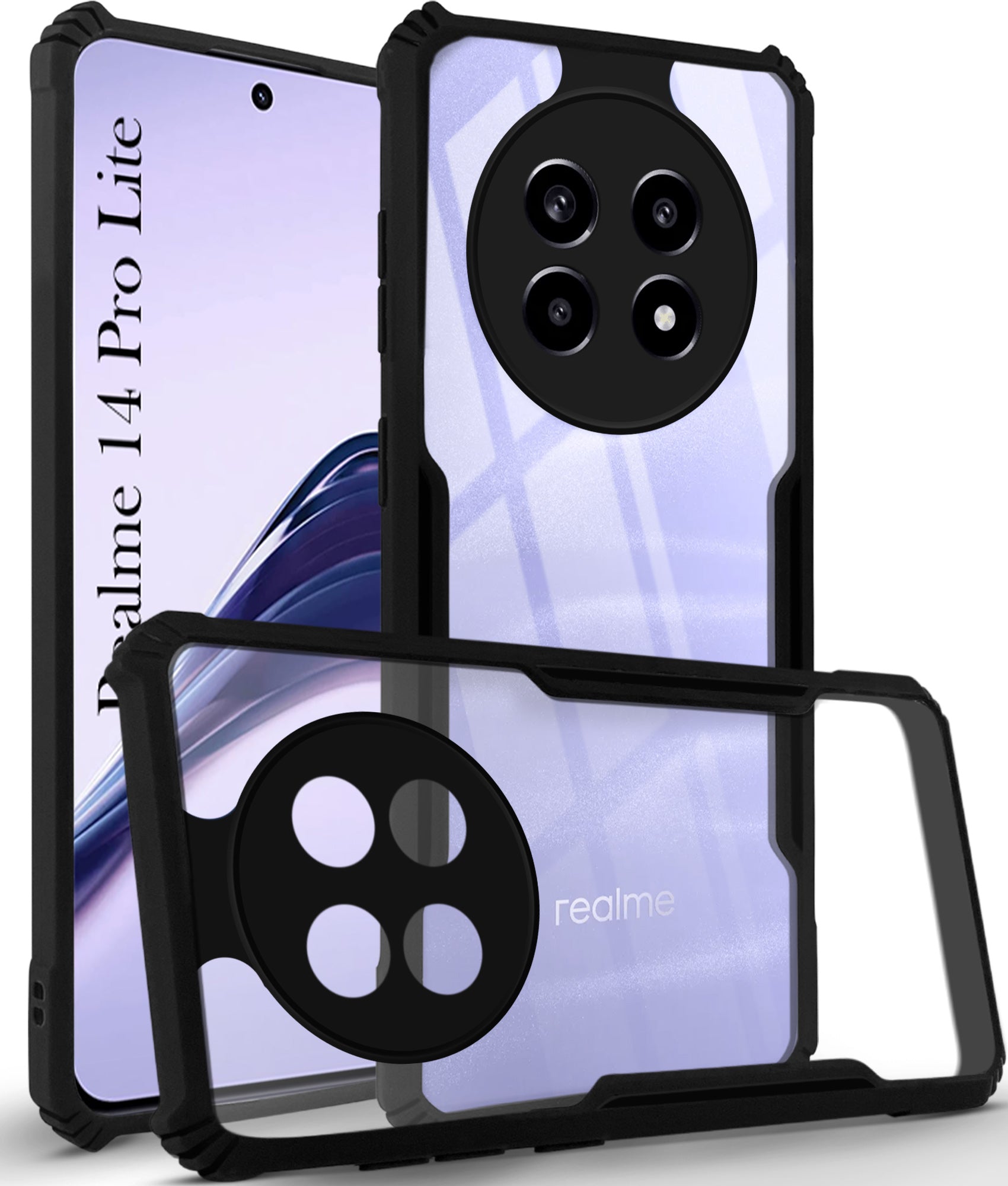 For Realme 14 Pro Lite Back Cover Case (Shockproof with Polycarbonate Clear Panel | Professional Black)